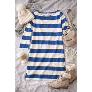 J.Crew Blue White and Blue Stripe Boatneck Dress Tunic Gold Zip Nautical Size L